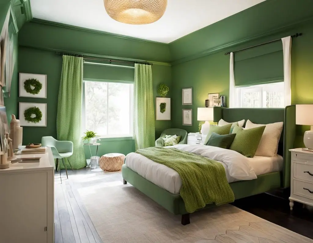 Green bedroom with diamond panels brass lighting natural accents