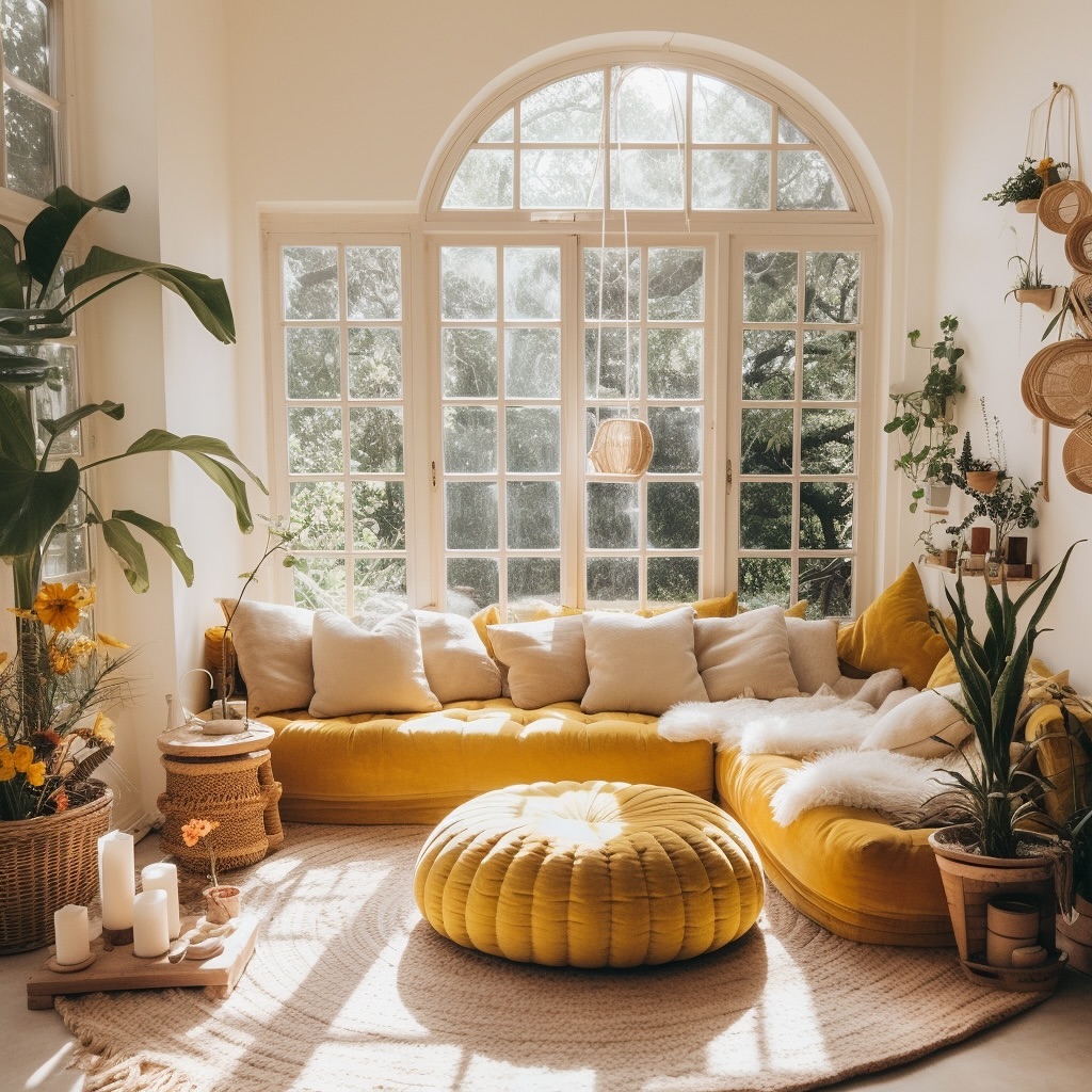 Bright sunroom with yellow cushioned bench white pillows and hanging plants