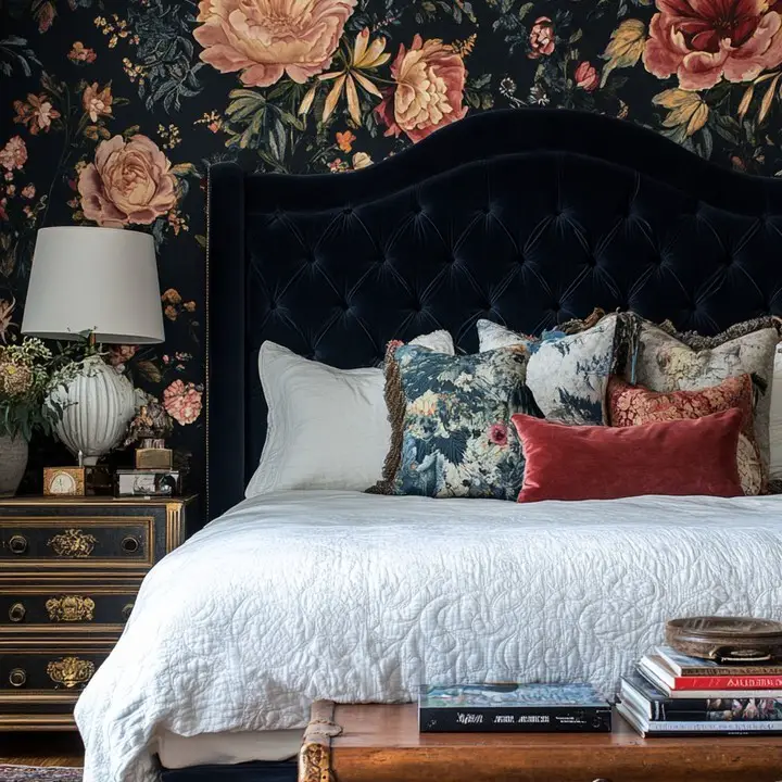 Black bedroom with coral accents and tufted headboard design