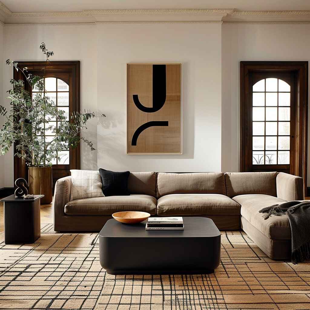 Contemporary living room with geometric art and sectional sofa