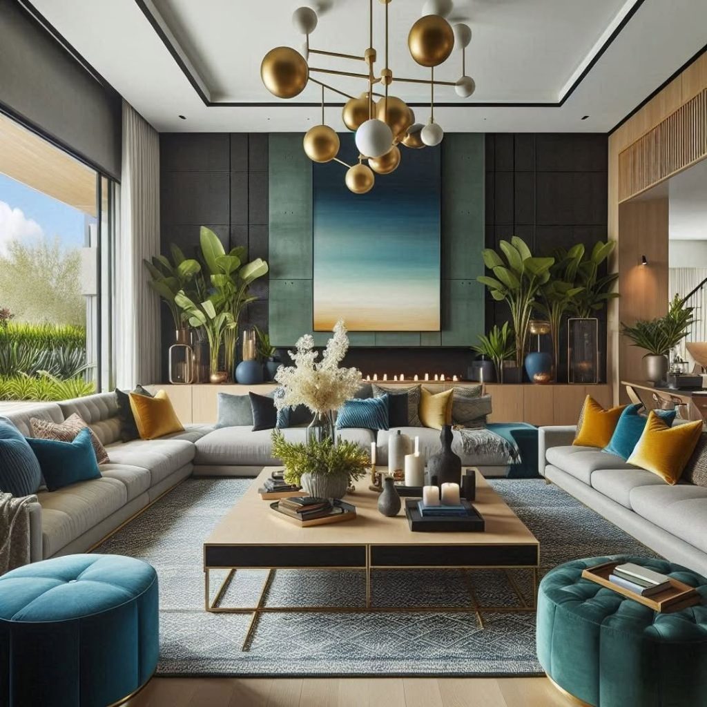 Contemporary living room with gray sofas turquoise accents and gold lighting fixtures