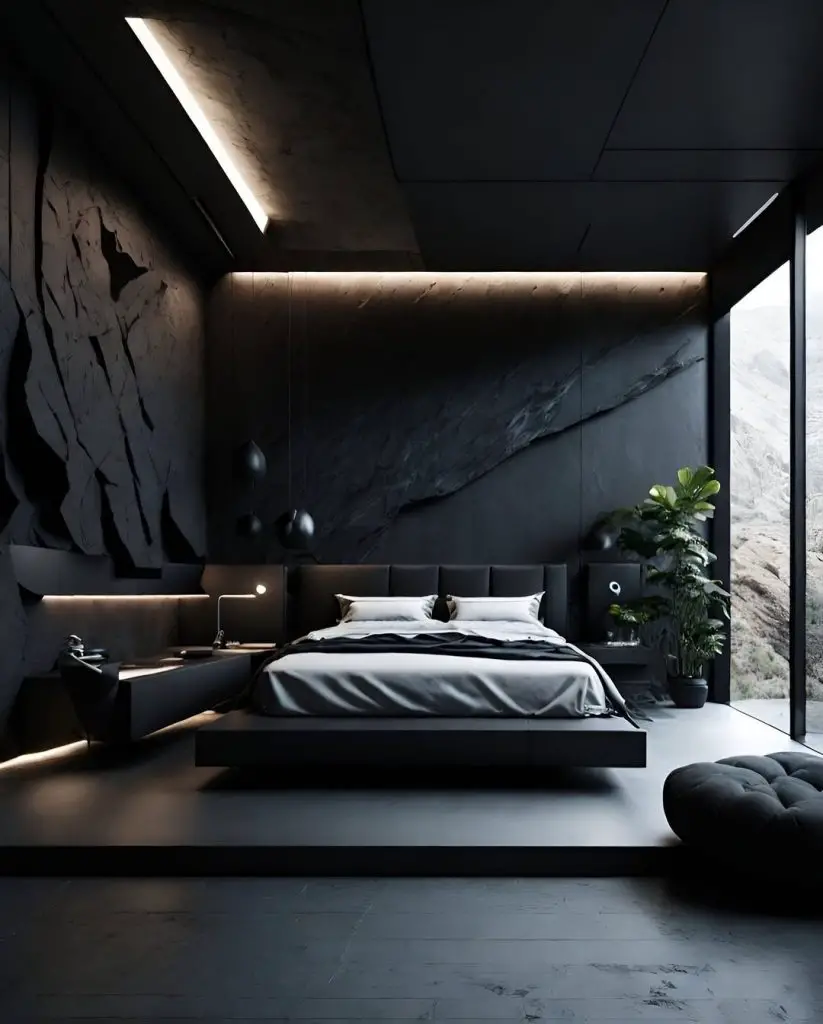 Dark modern bedroom with mountain views and textured stone walls