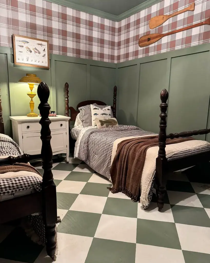 Twin bedroom with fishing theme plaid walls and checkerboard floor