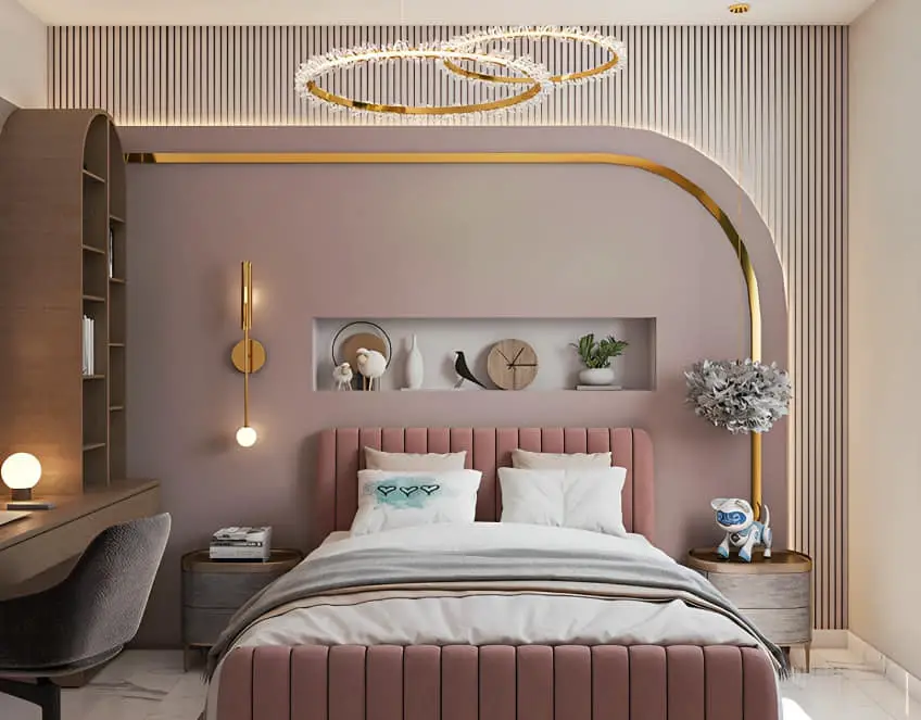 Contemporary bedroom with gold lighting and pink upholstered bed