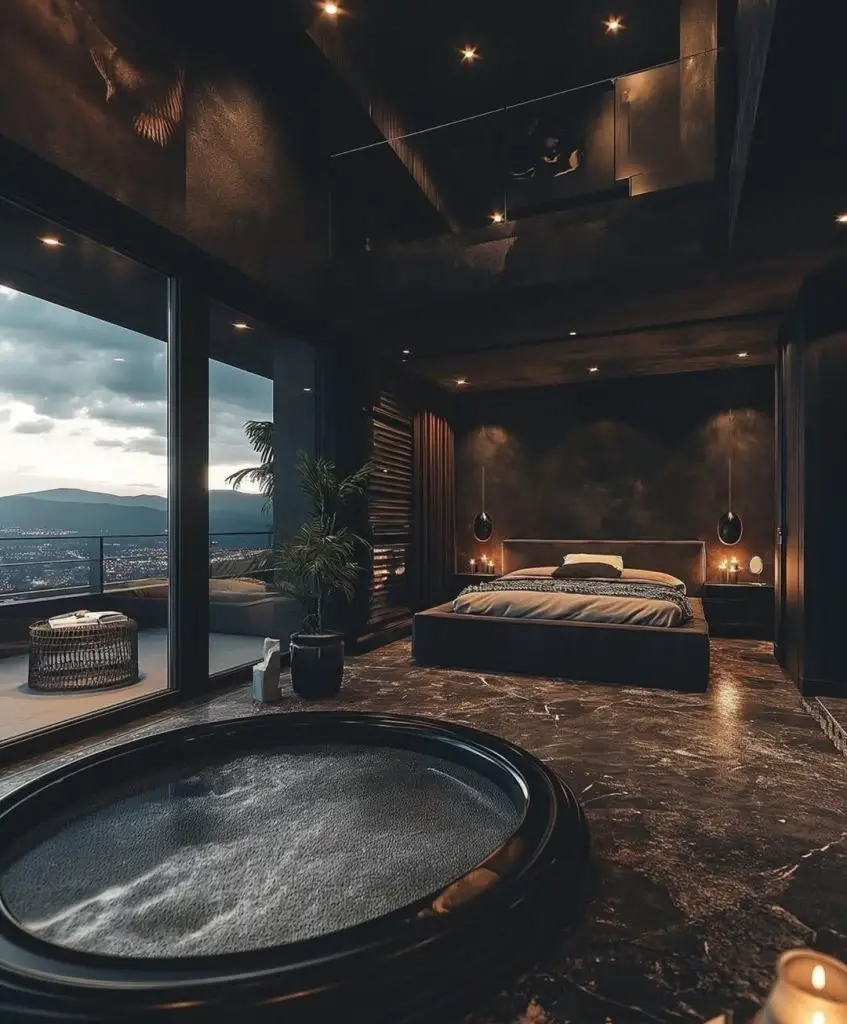 Luxury penthouse bedroom with city views and indoor hot tub