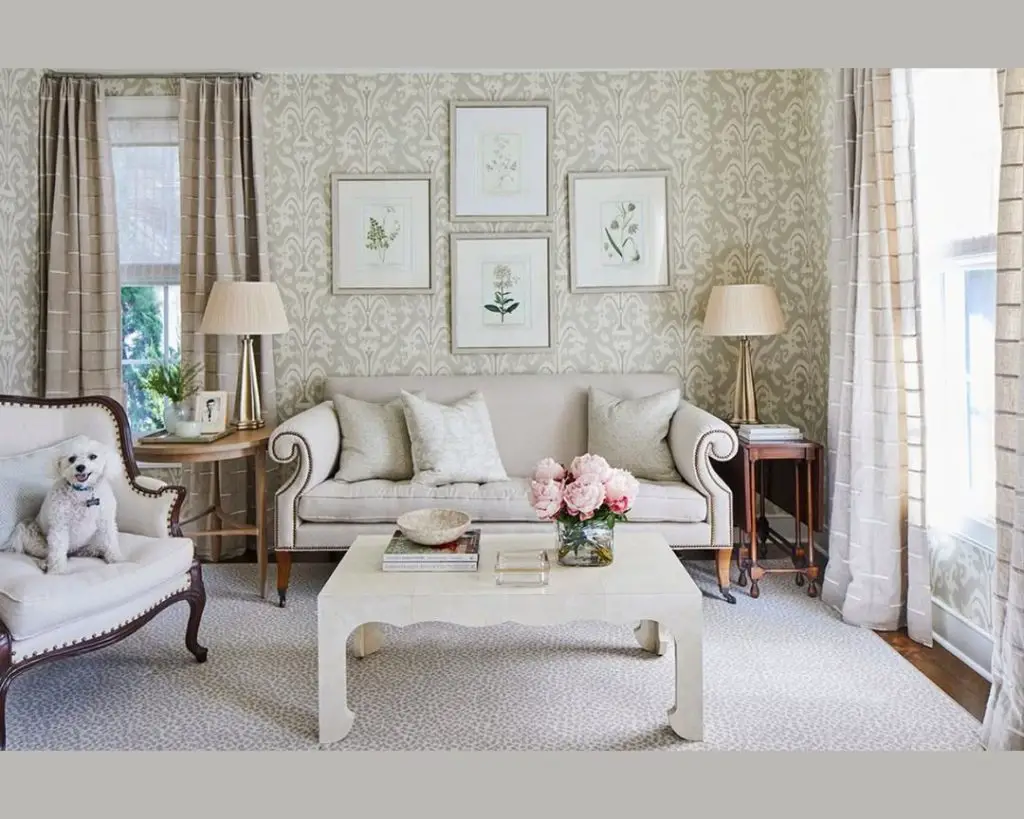 Modern living room with white sofa green chairs and grand piano