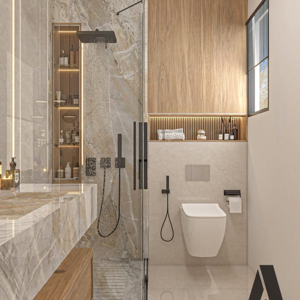 Luxury bathroom with marble walls and built in LED storage niches