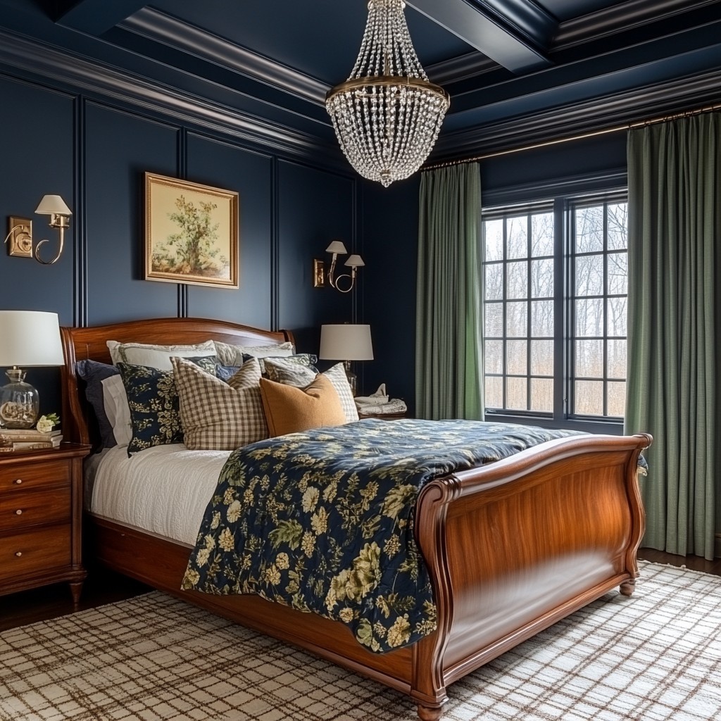 Blue bedroom with wooden bed frame and traditional wall paneling