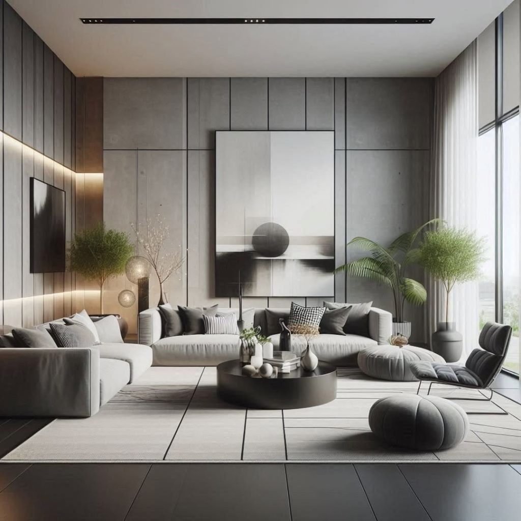 Modern gray living room with black and white artwork and metal accents
