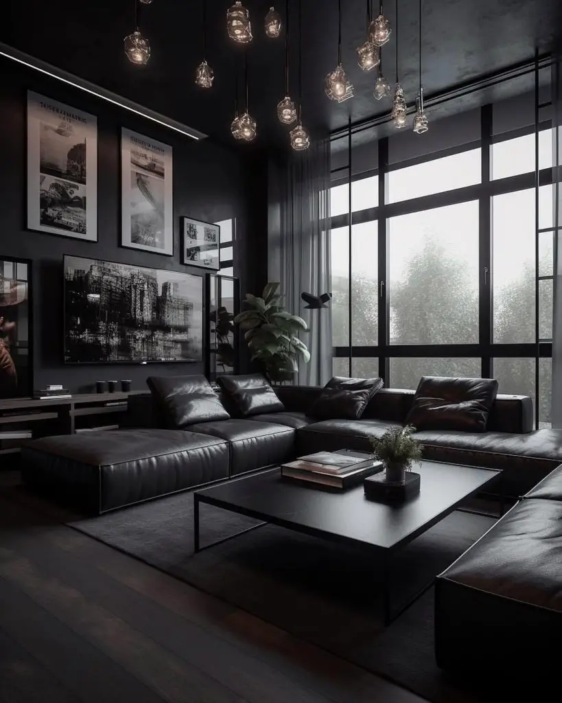 All black modern living room with round light fixture