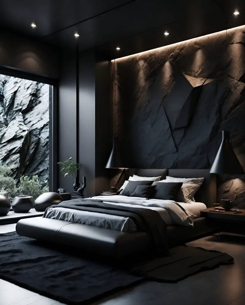 Modern bedroom with black walls and exposed rock formations framing platform bed