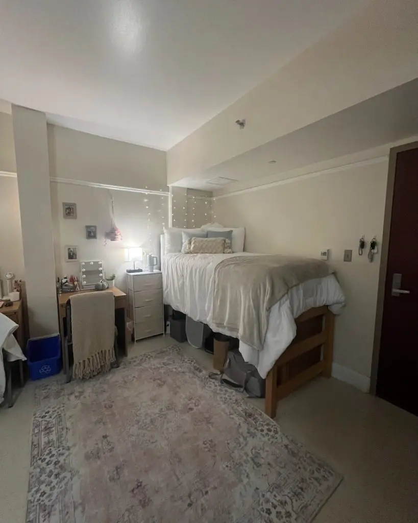 Twin dorm room with mint walls matching beds and elegant decor