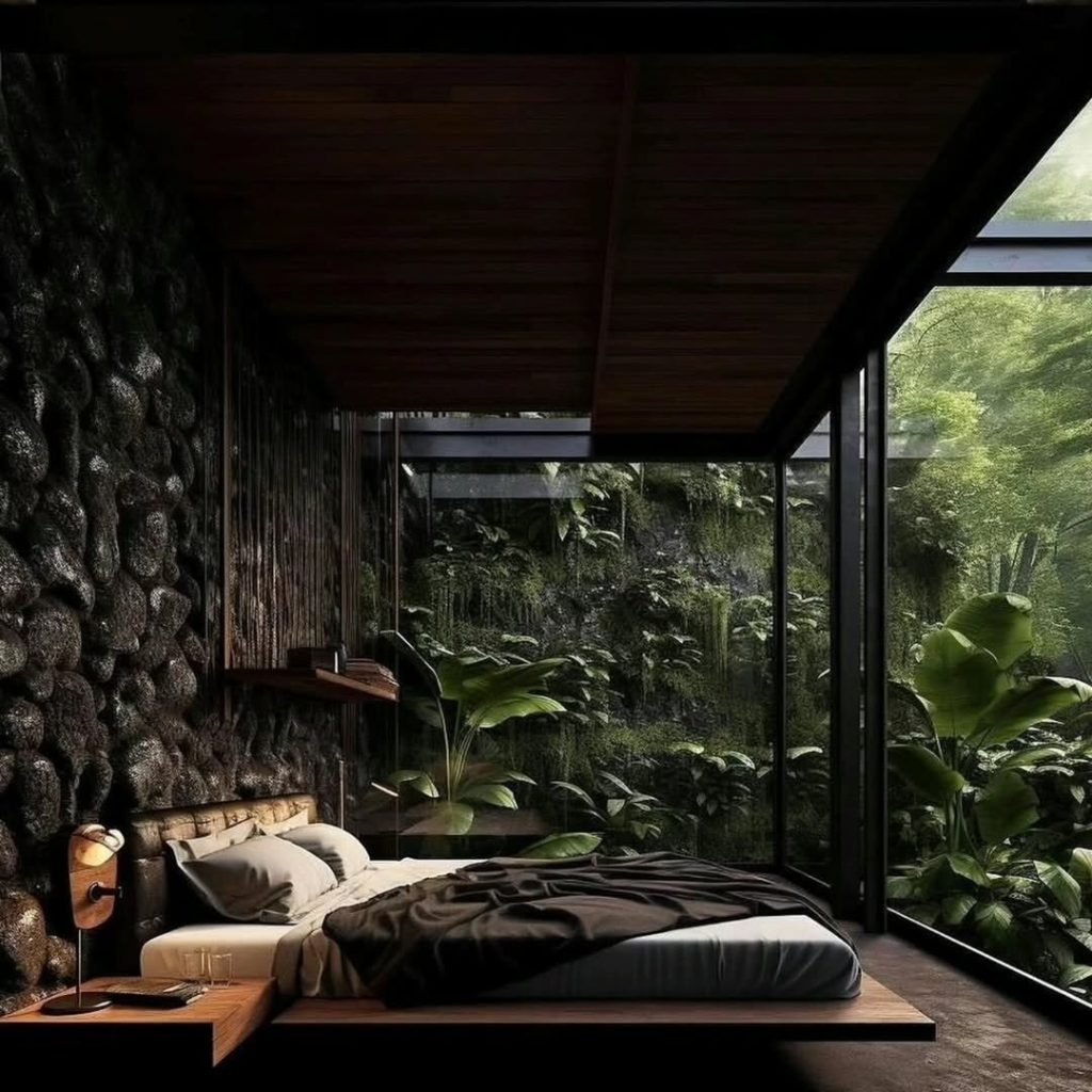 Modern bedroom with stone wall and floor to ceiling jungle views