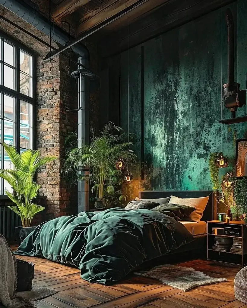 Industrial loft bedroom with emerald bedding and exposed brick walls
