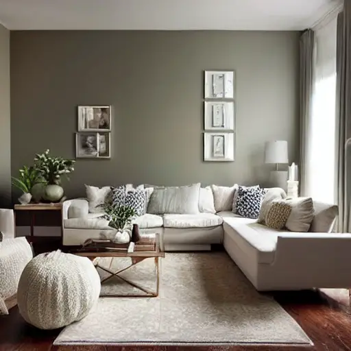 Minimalist living room with white sectional sage walls and plants