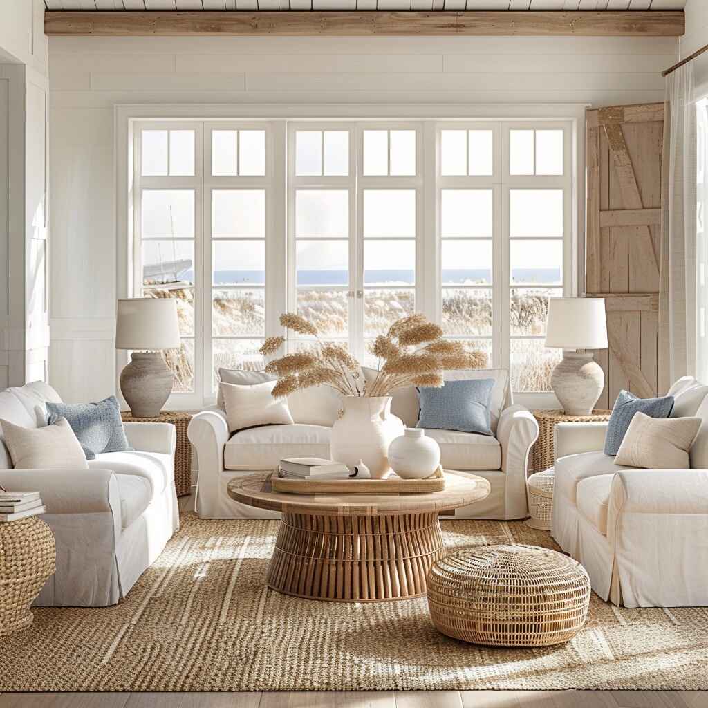 Bright coastal living room with white sofas natural decor and ocean views