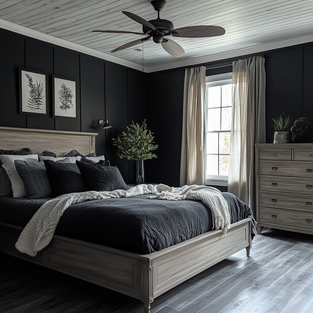 Modern bedroom with black walls white ceiling and light wood furniture