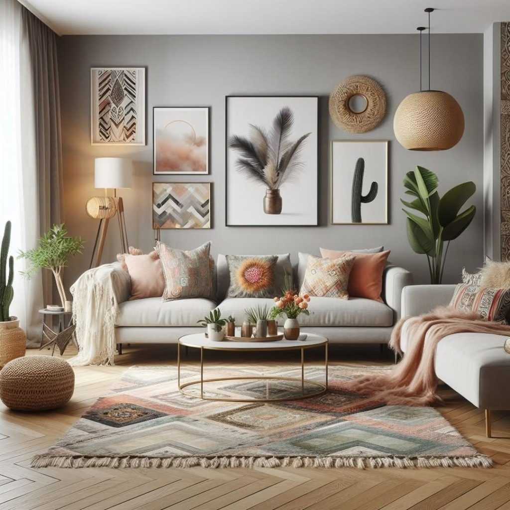 Living room with coral couch macrame hangings and round mirrors