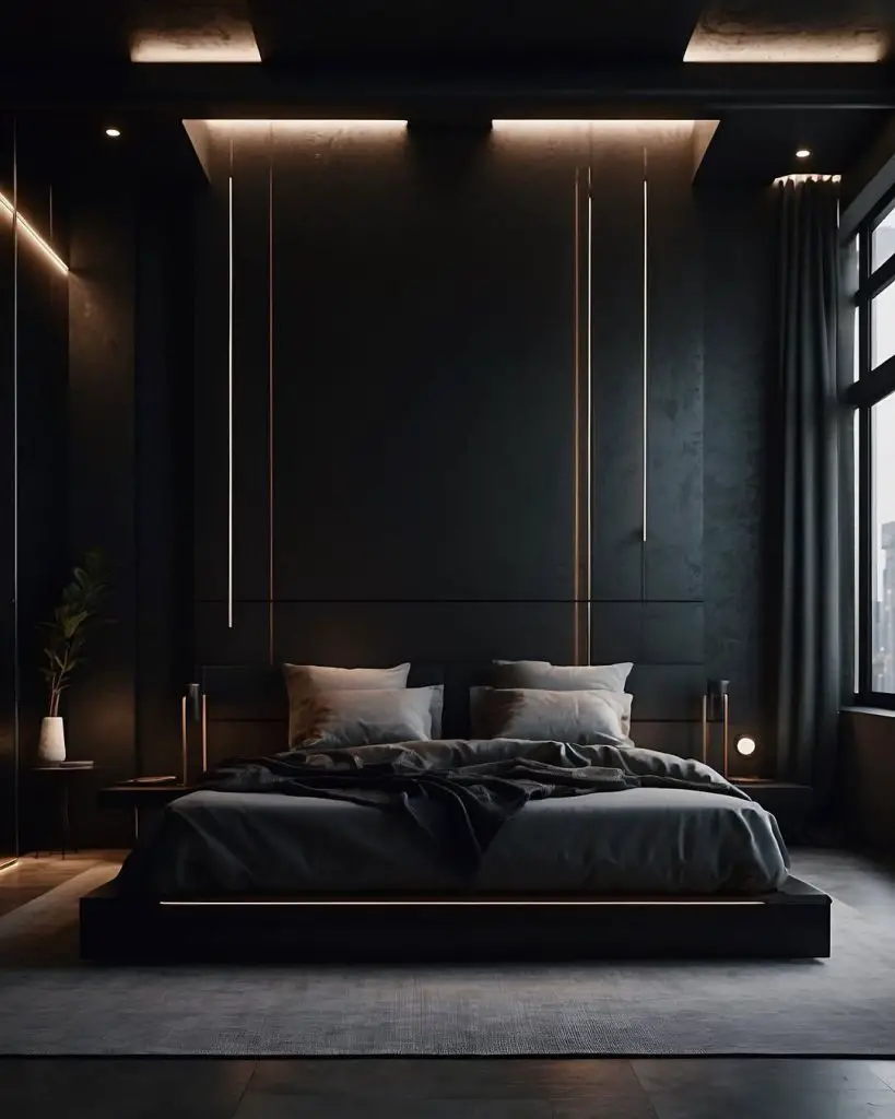 Modern dark bedroom with linear wall lighting and floating platform bed