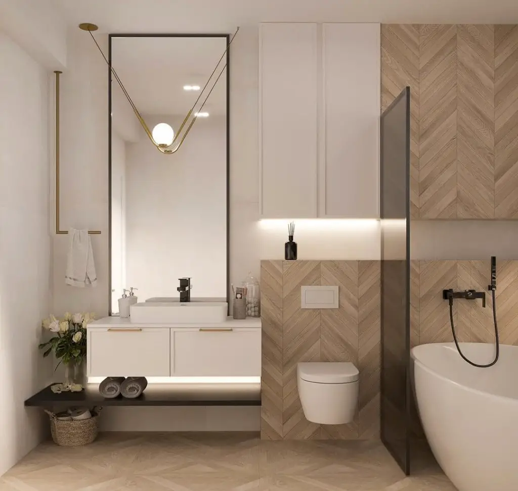 Modern bathroom with chevron wood walls and floating white vanity