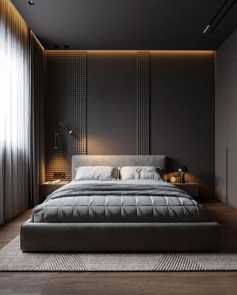 Contemporary bedroom featuring geometric panels and ambient lighting
