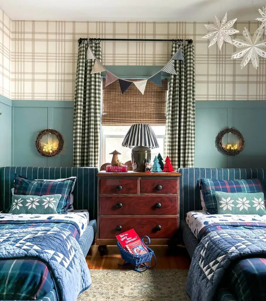 Twin bedroom with holiday decor plaid bedding and snowflake ornaments