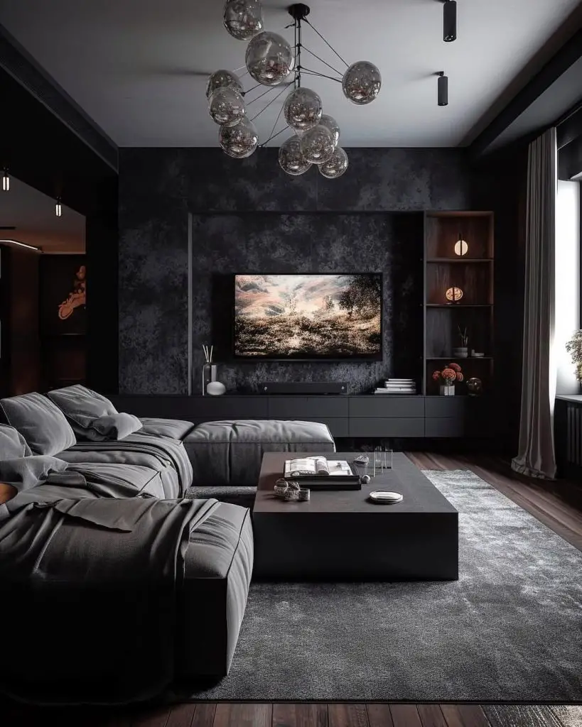 Modern black living room with floating glass lights and media wall
