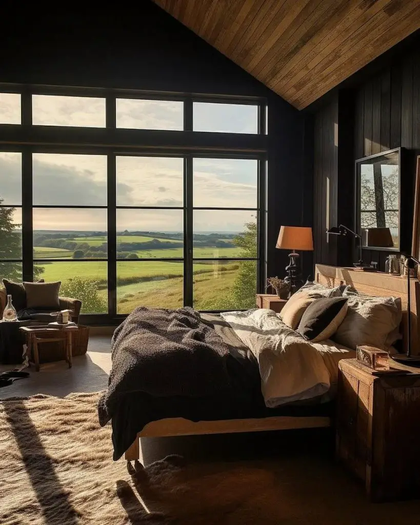 Modern dark loft bedroom overlooking countryside with wooden beams