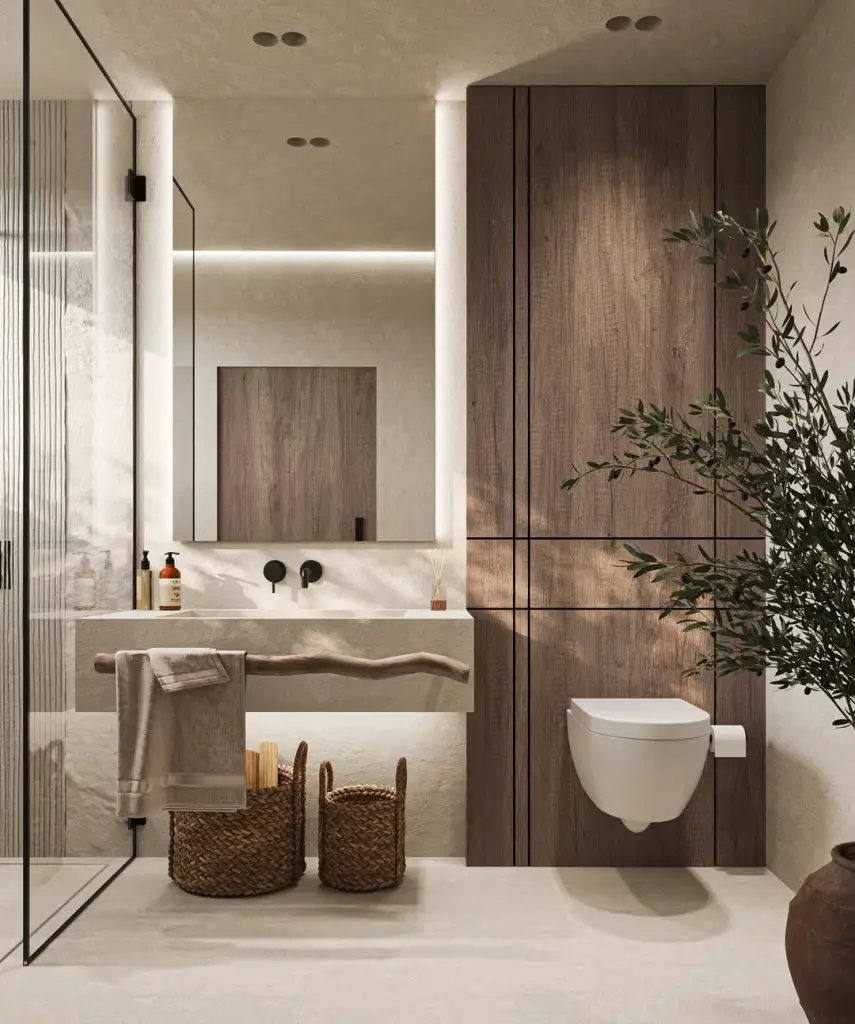 Minimalist bathroom with wooden panels and textured walls