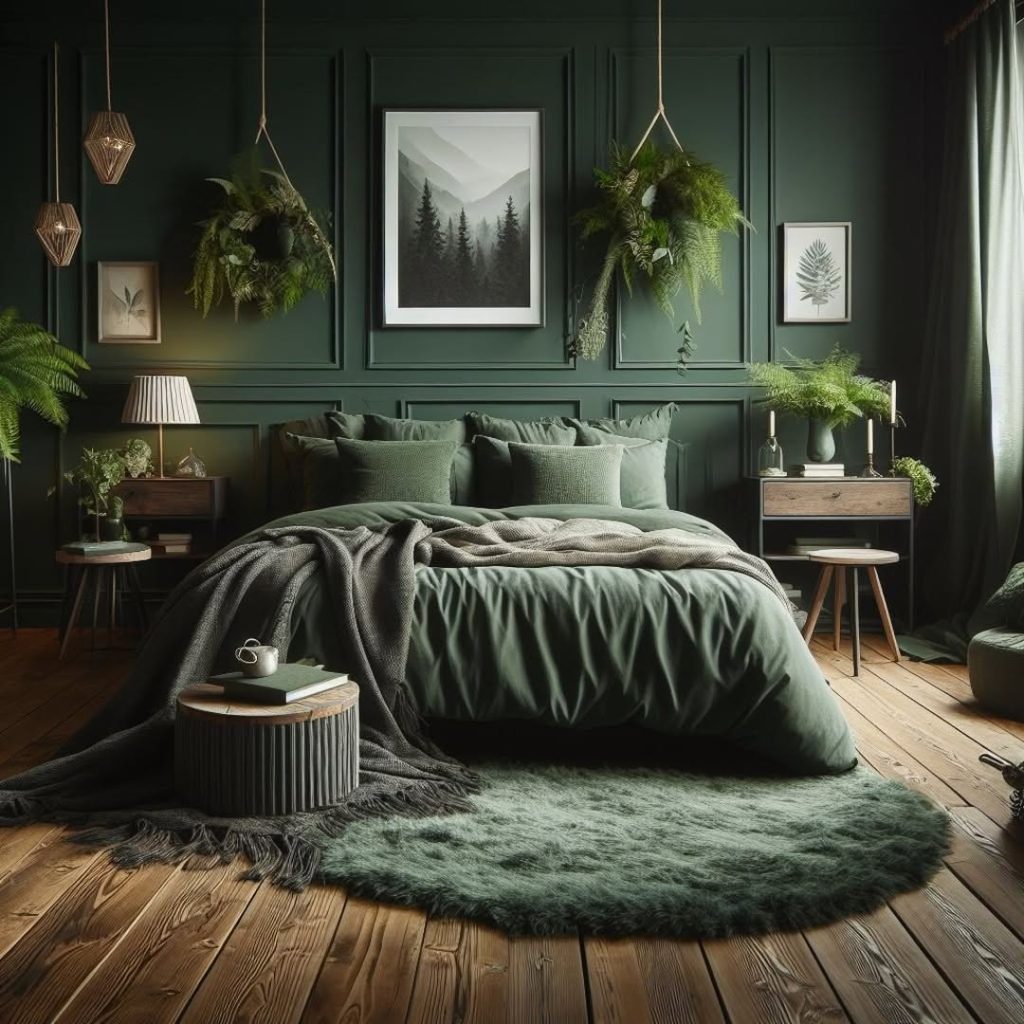 Dark green paneled bedroom with hanging plants and forest artwork