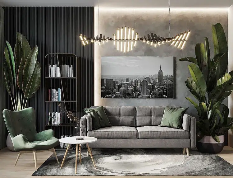 Modern living room with grey sofa abstract art and metal lighting fixtures