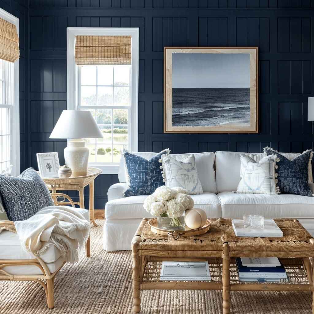 Navy blue living room with white sofa and coastal artwork