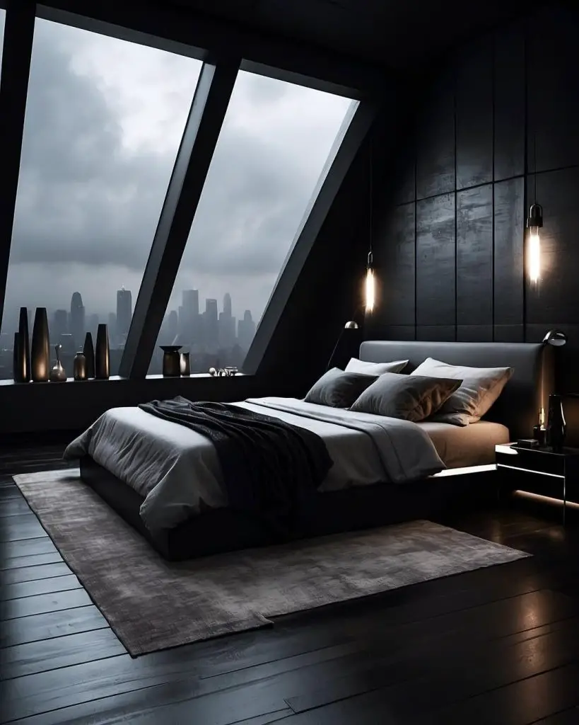 Contemporary dark bedroom with angled windows overlooking cityscape
