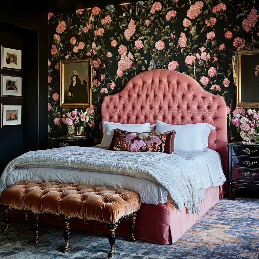 Pink tufted headboard against black floral wallpaper with gold frames