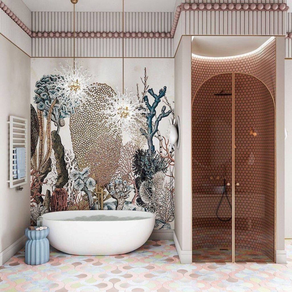 Bathroom with coral reef mural freestanding tub and pink tiles
