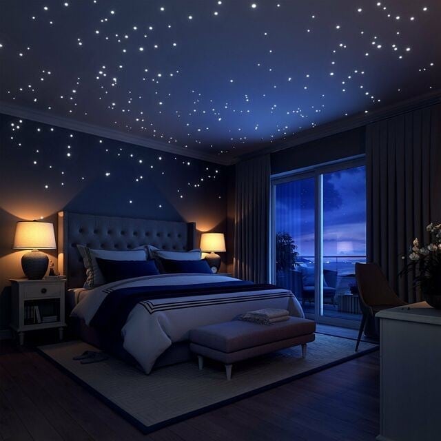 Kids room with star ceiling and house bed frame