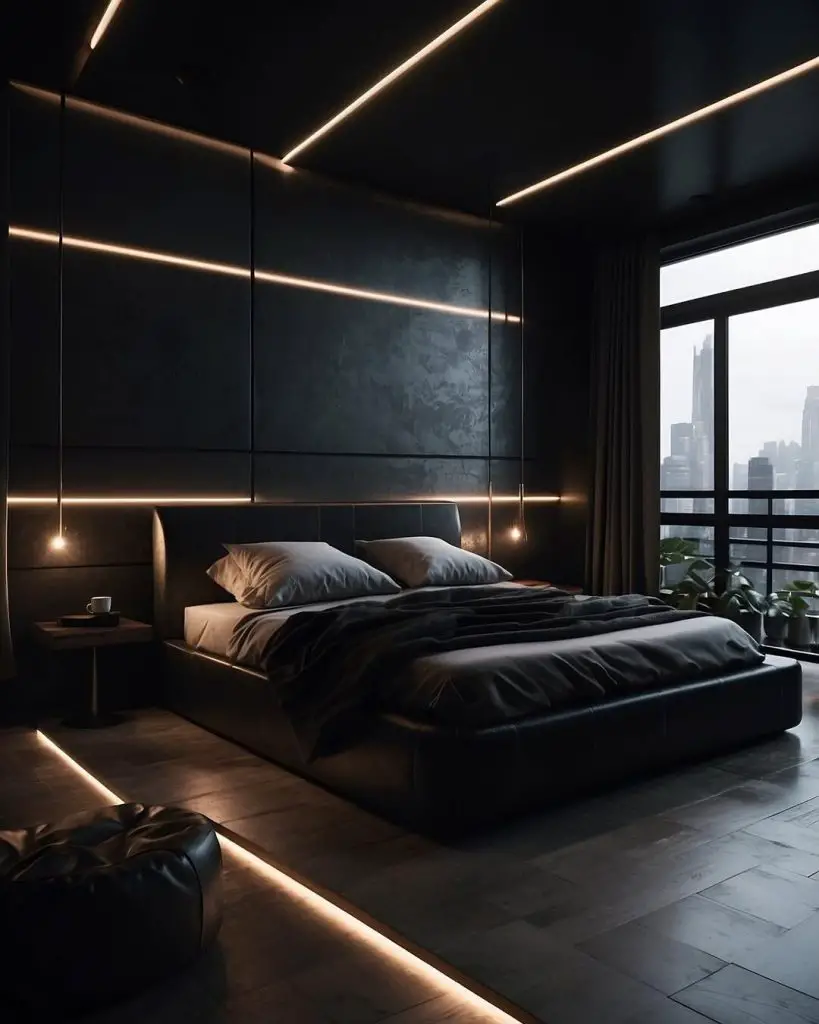 Modern bedroom with linear lighting and floating bed design