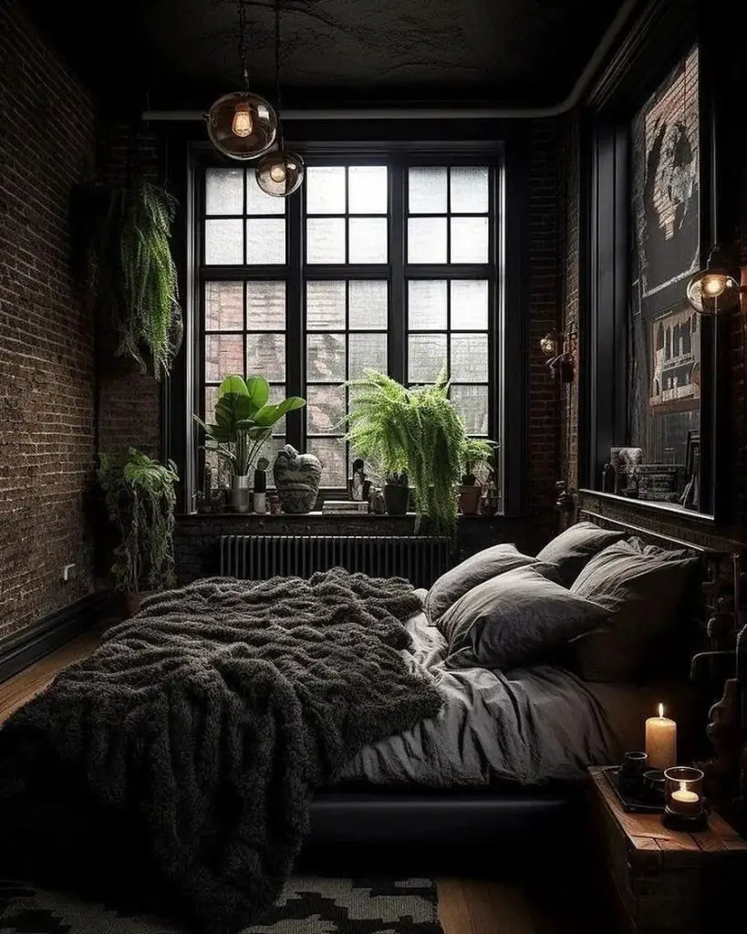 Modern dark bedroom with large windows overlooking garden landscape