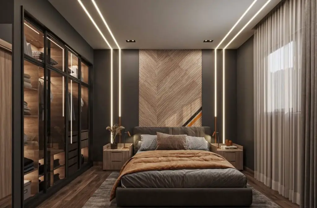 Modern bedroom with linear ceiling lights and glass wardrobe