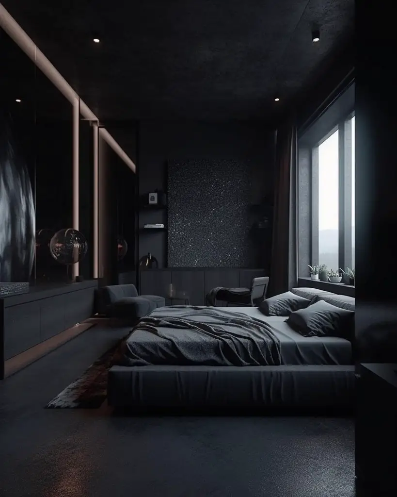 Modern dark bedroom with textured walls and mood lighting