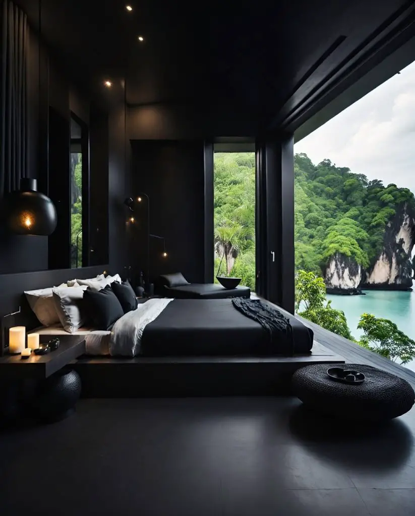 Modern dark bedroom with panoramic ocean view setting