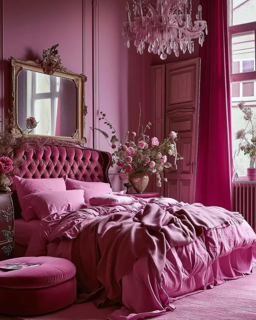 Victorian style pink bedroom with crystal chandelier and tufted furniture