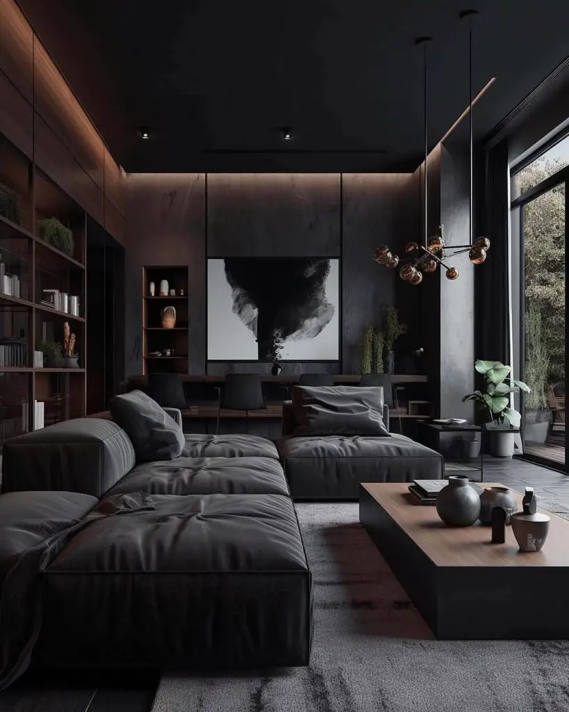Dark living room with abstract art and modular sofa
