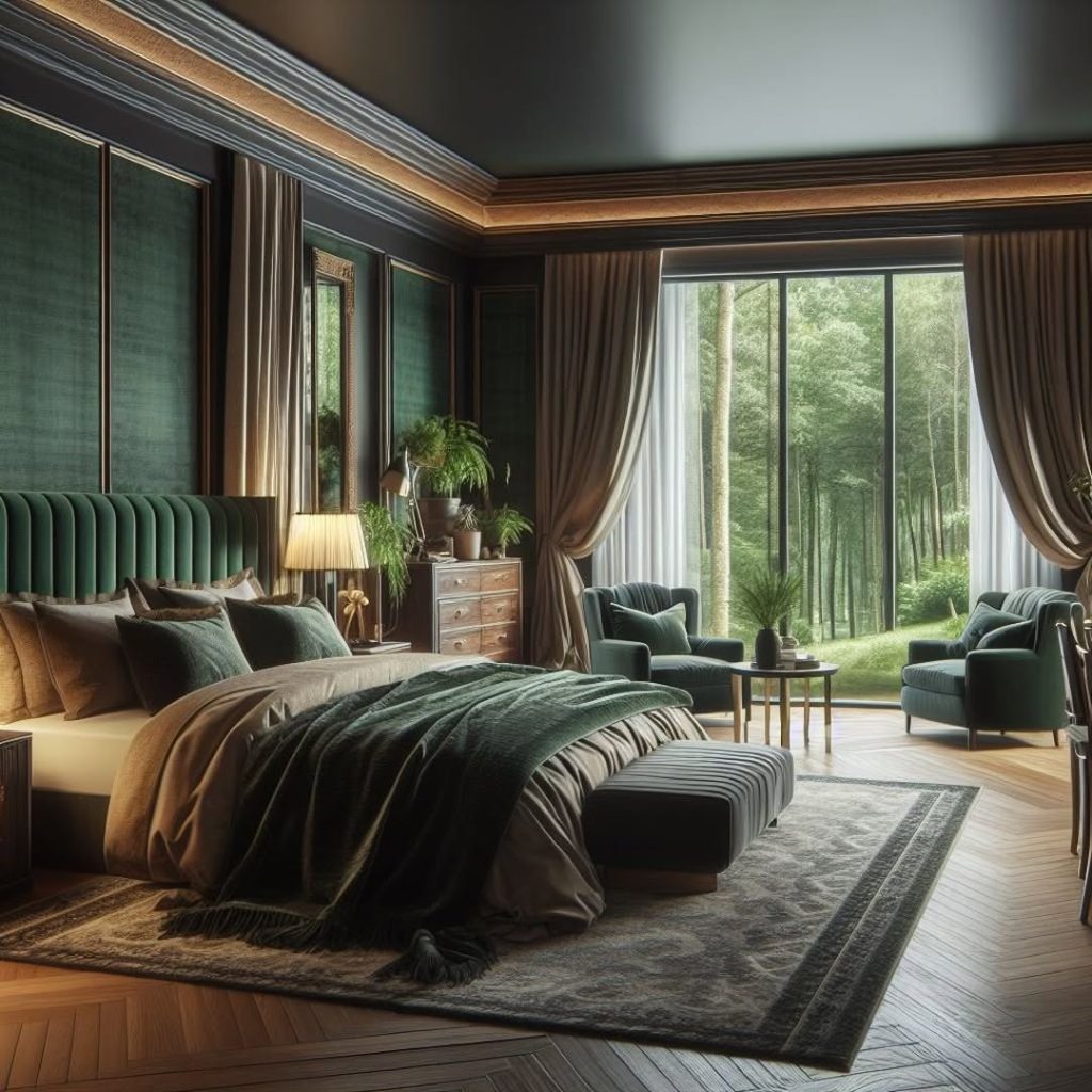 Luxury green bedroom overlooking forest with velvet furnishings