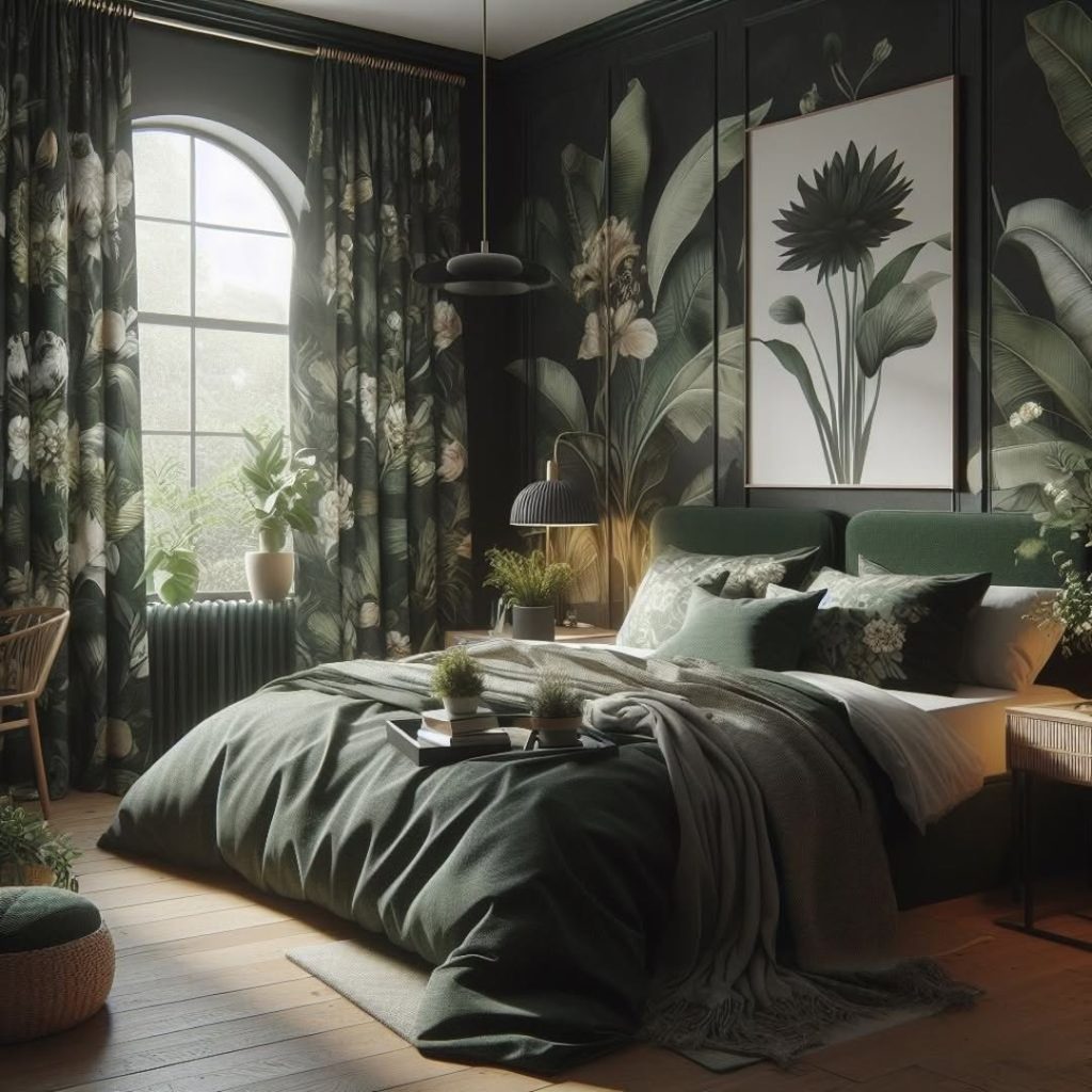 Dark green bedroom with botanical prints and arched window