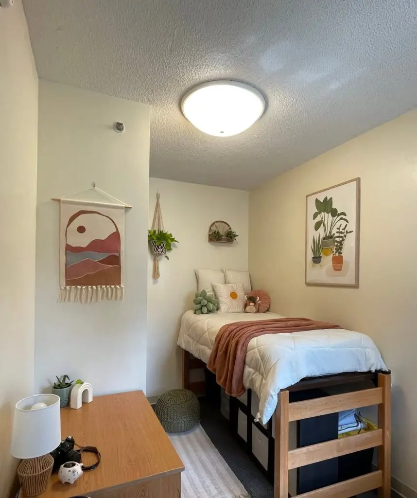 Movie poster decorated dorm room with string lights and desk setup
