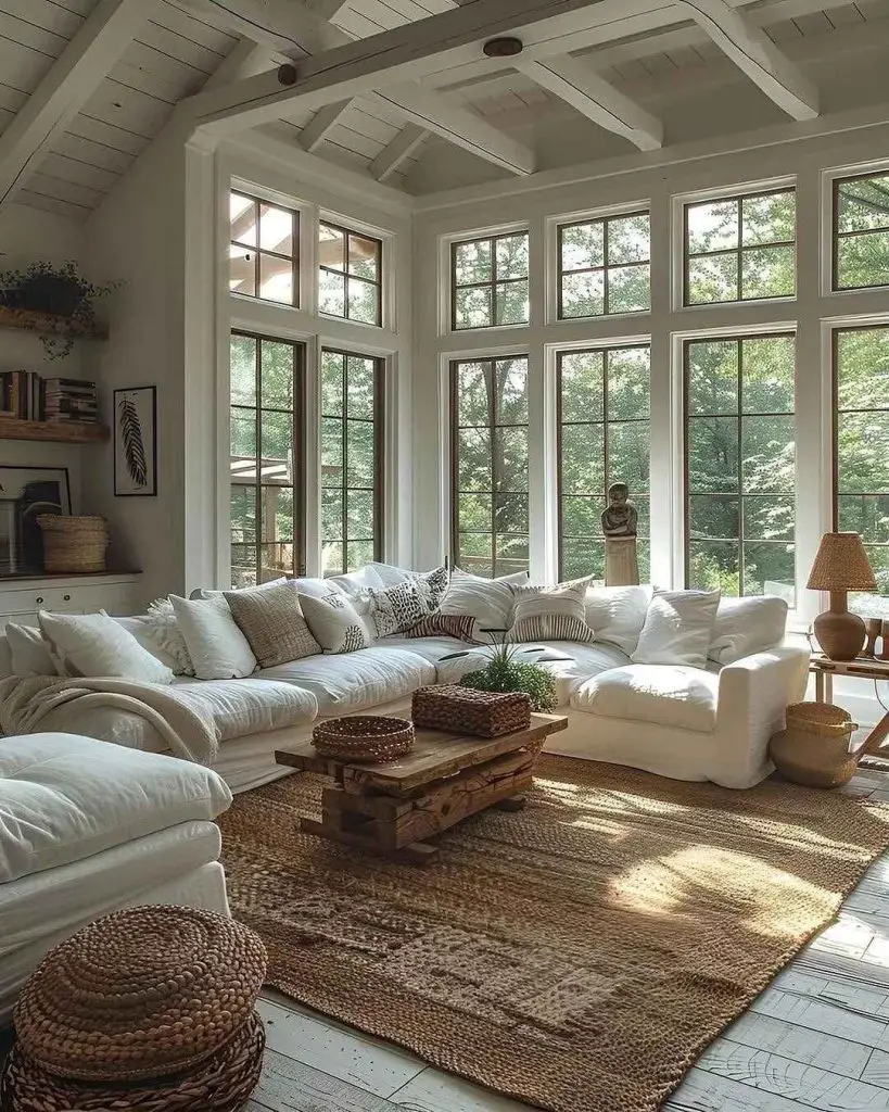 Bright living room with large windows overlooking forest greenery