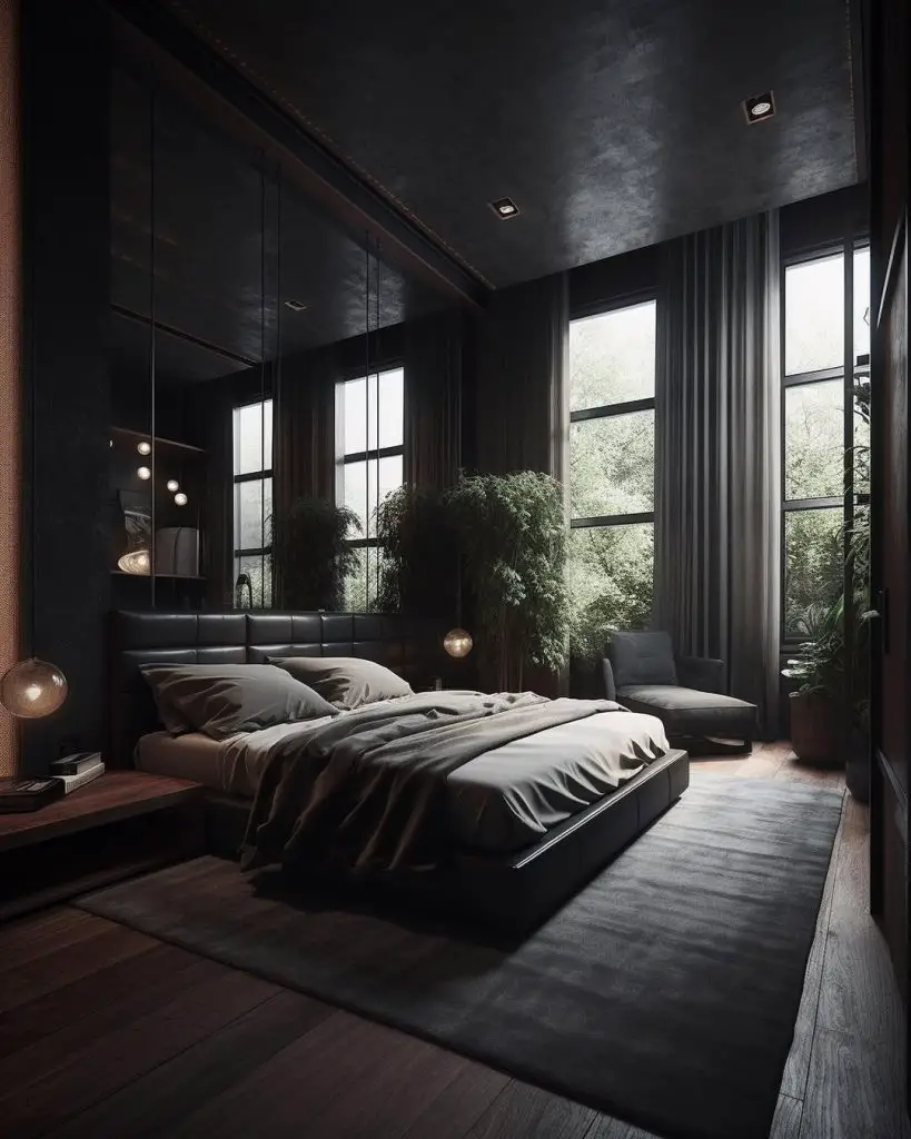 Dark bedroom with large windows hanging lights and indoor plants