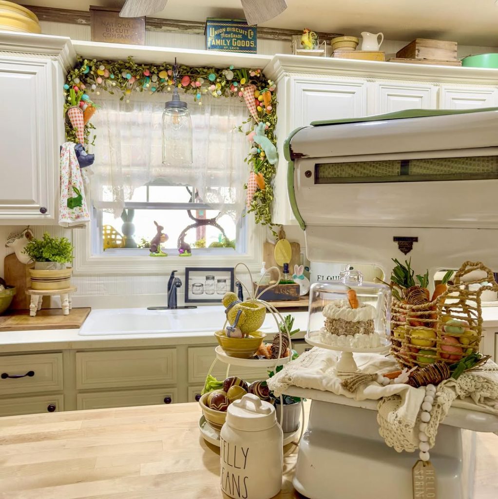 Kitchen window with Easter decorations and vintage display items