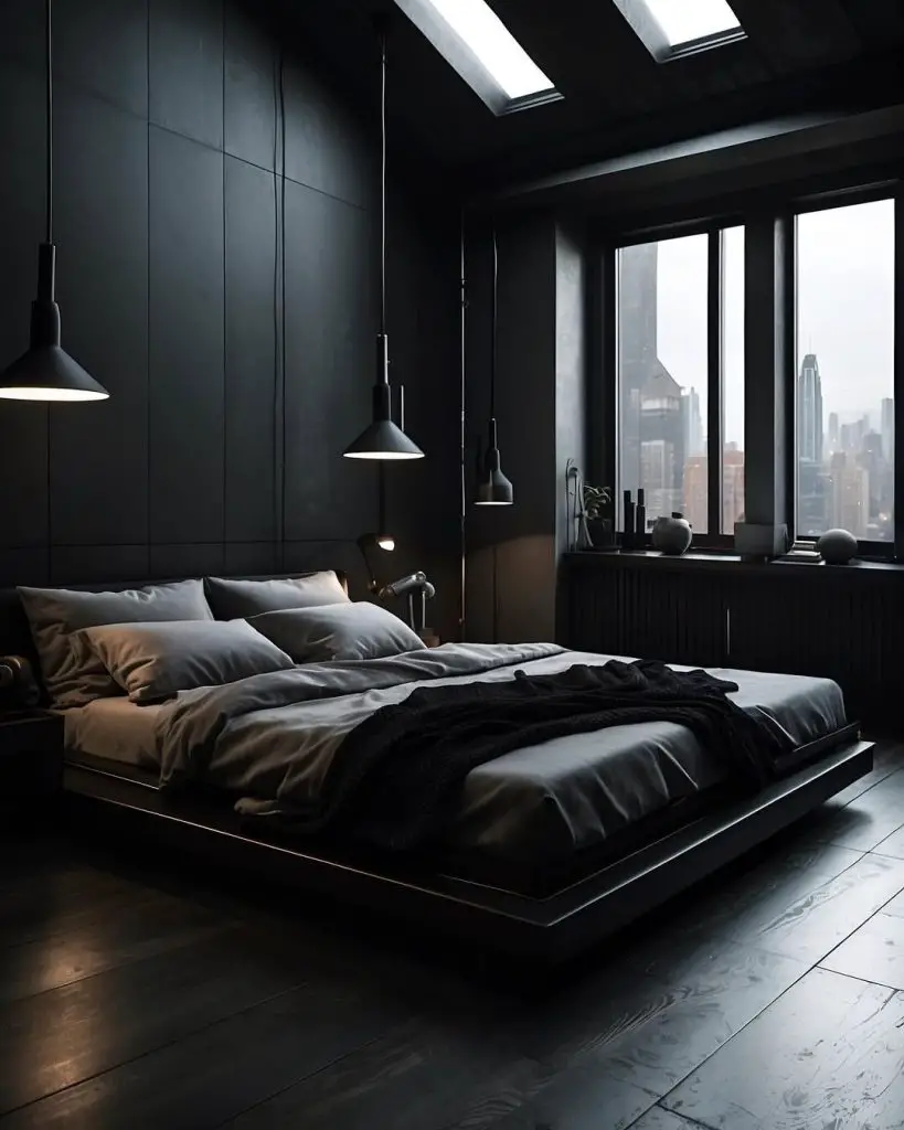 Dark bedroom with pendant lights and skylight windows